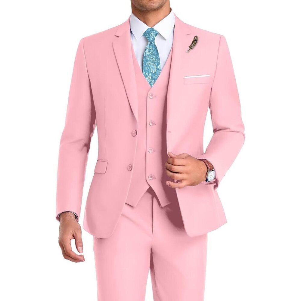 Men's Notched Lapel  Pink Groomsmen Slim Fit 3 Pieces Suit for Wedding